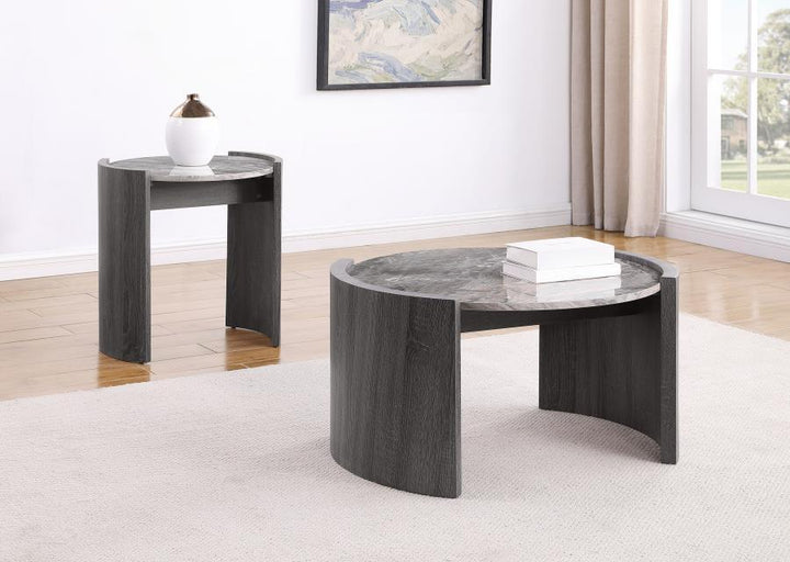 Gladstone - Round Faux Marble Top Coffee Table - Distressed Gray Coffee Table modern furniture Contempo Furniture