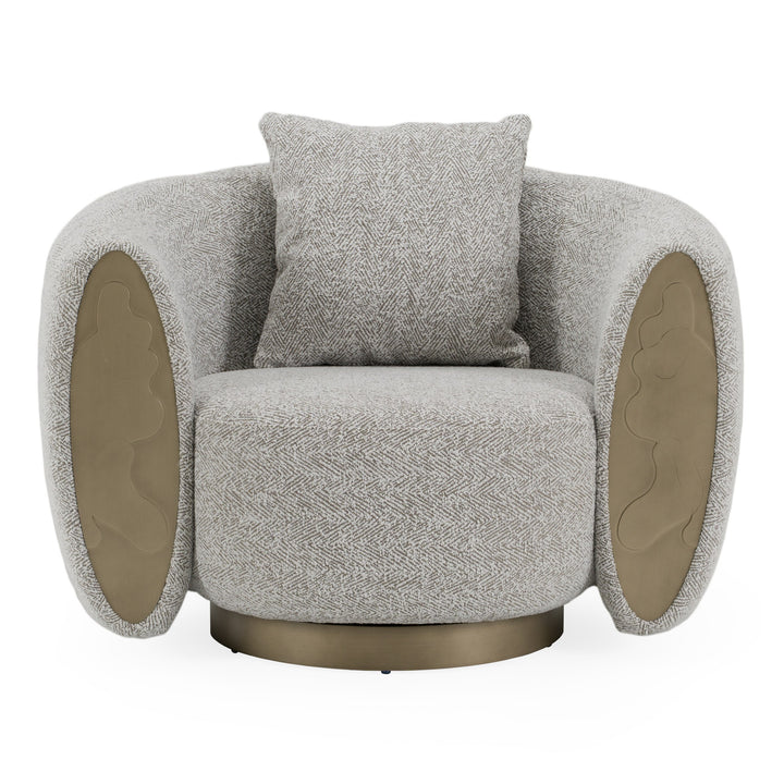 Glimpse - Modern White &amp; Brown Fabric + Antique Brass Swivel Accent Chair