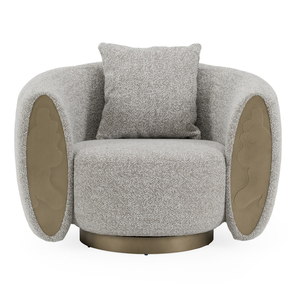 Glimpse - Modern White & Brown Fabric + Antique Brass Swivel Accent Chair