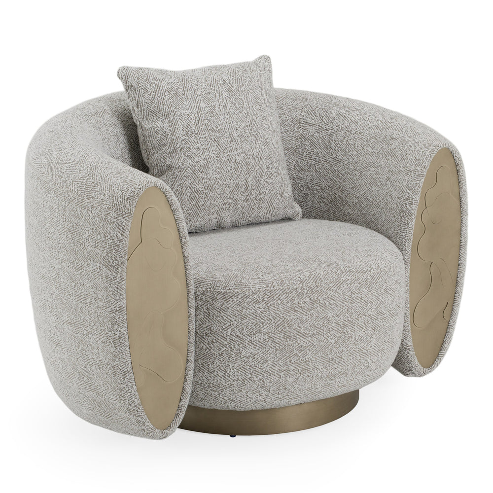 Glimpse - Modern White & Brown Fabric + Antique Brass Swivel Accent Chair