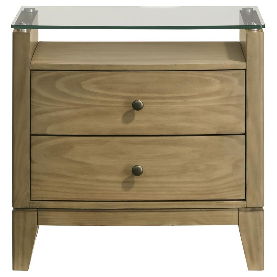 Granada - 2 - Drawer Glass Top Nightstand - Natural Pine Nightstand w/ Charging Station modern furniture Contempo Furniture