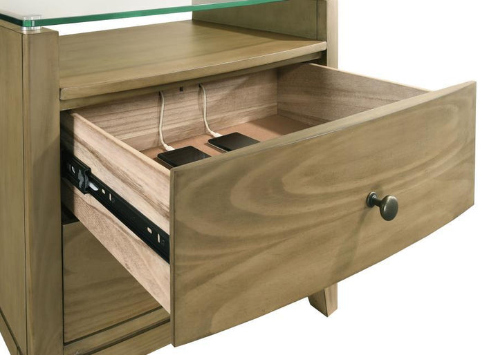 Granada - 2 - Drawer Glass Top Nightstand - Natural Pine Nightstand w/ Charging Station modern furniture Contempo Furniture