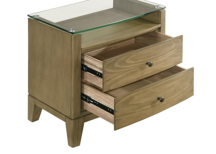 Granada - 2 - Drawer Glass Top Nightstand - Natural Pine Nightstand w/ Charging Station modern furniture Contempo Furniture
