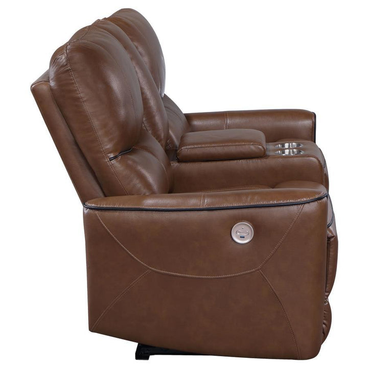Greenfield - Upholstered Power Reclining Loveseat - Saddle Brown Reclining Loveseat modern furniture Contempo Furniture