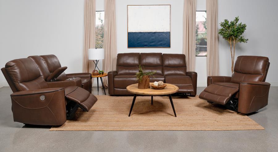 Greenfield - Upholstered Power Reclining Sofa - Saddle Brown Power Reclining Sofa modern furniture Contempo Furniture
