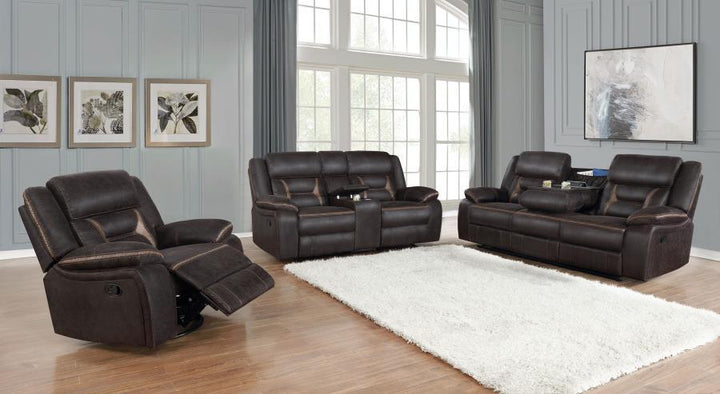 Greer - Upholstered Motion Reclining Loveseat - Brown Reclining Loveseat modern furniture Contempo Furniture