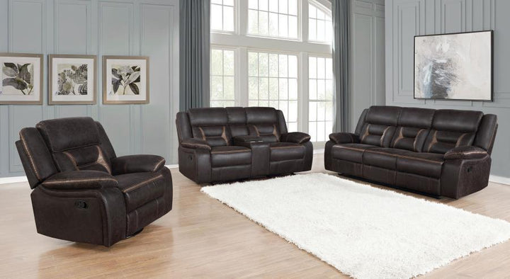 Greer - Upholstered Motion Reclining Loveseat - Brown Reclining Loveseat modern furniture Contempo Furniture