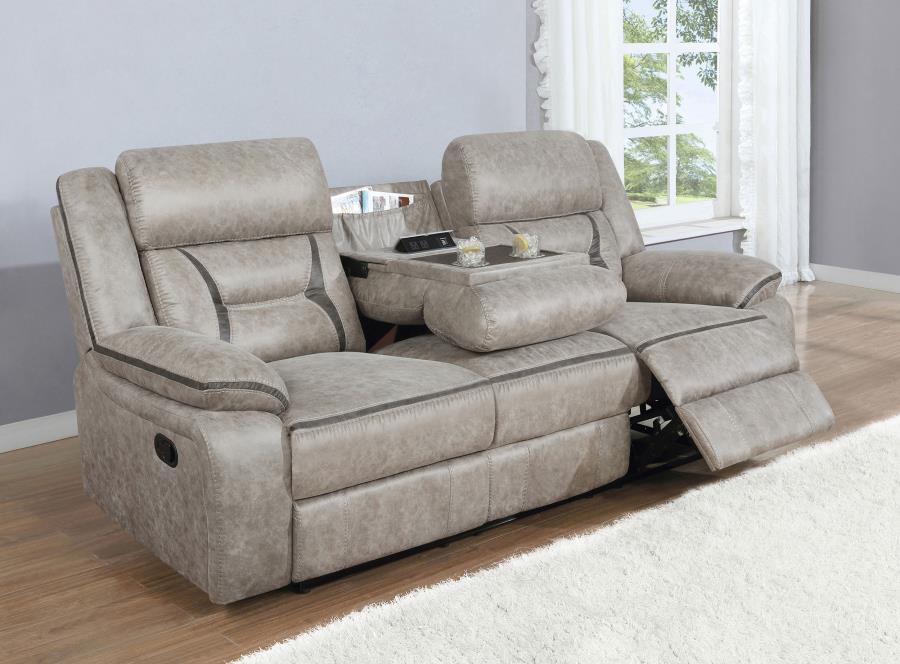 Greer - Upholstered Motion Reclining Sofa - Taupe Reclining Sofa modern furniture Contempo Furniture