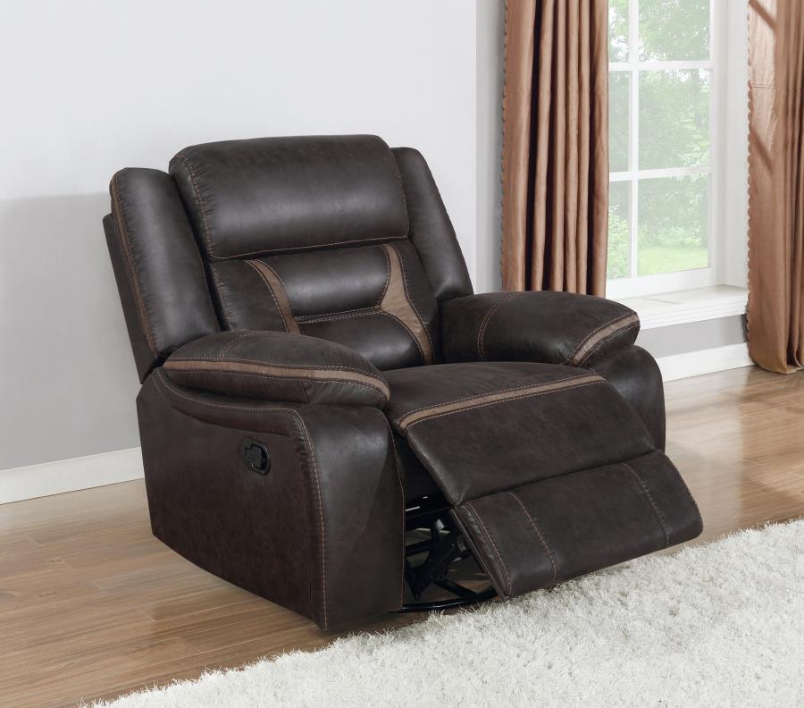 Greer - Upholstered Swivel Glider Recliner Chair - Brown Swivel Glider Chair modern furniture Contempo Furniture