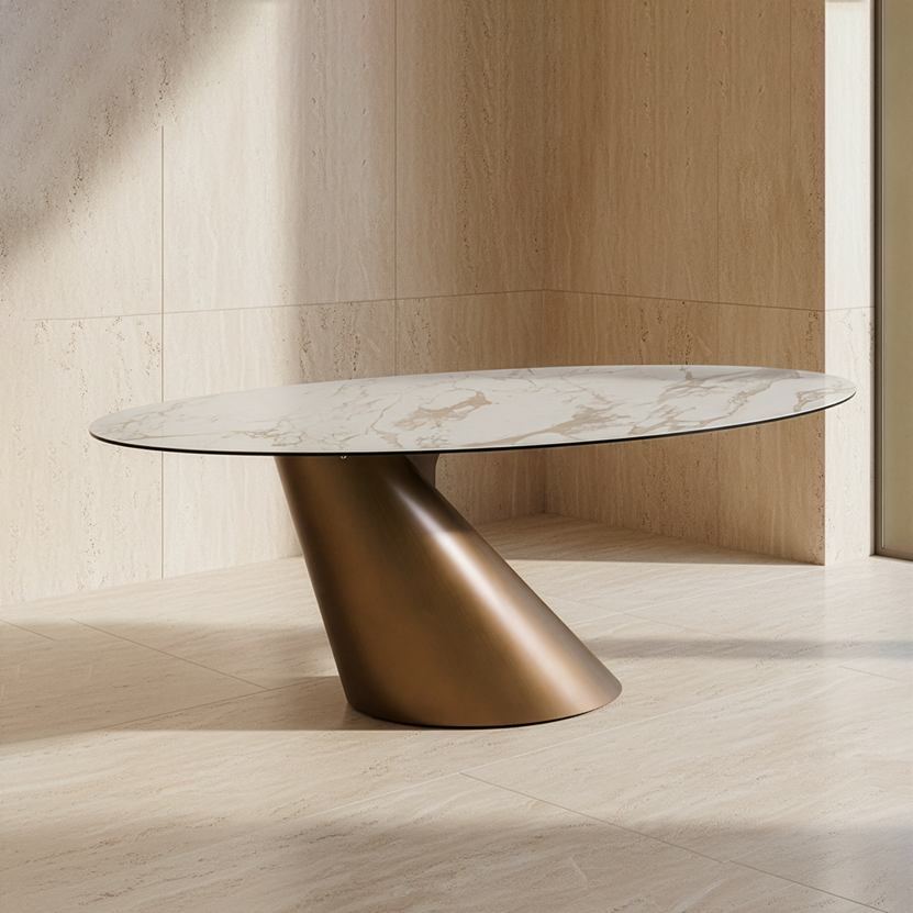 Gresham - Contemporary White Ceramic + Brushed Brass Dining Table