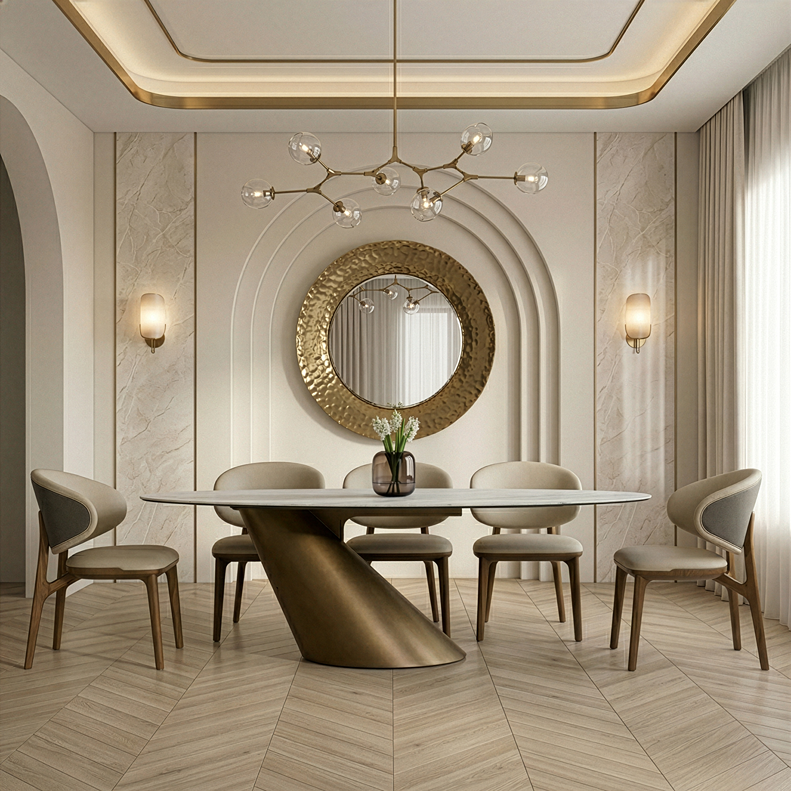 Gresham - Contemporary White Ceramic + Brushed Brass Dining Table