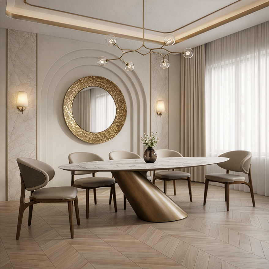 Gresham - Contemporary White Ceramic + Brushed Brass Dining Table - View 9