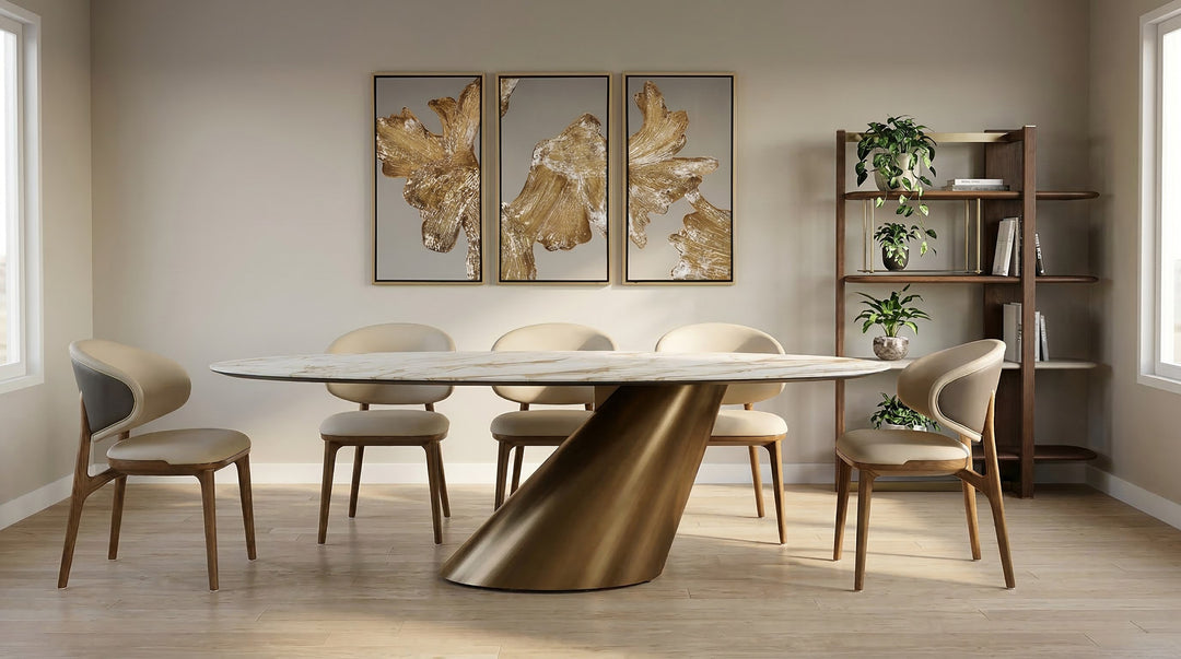 Gresham - Contemporary White Ceramic + Brushed Brass Dining Table