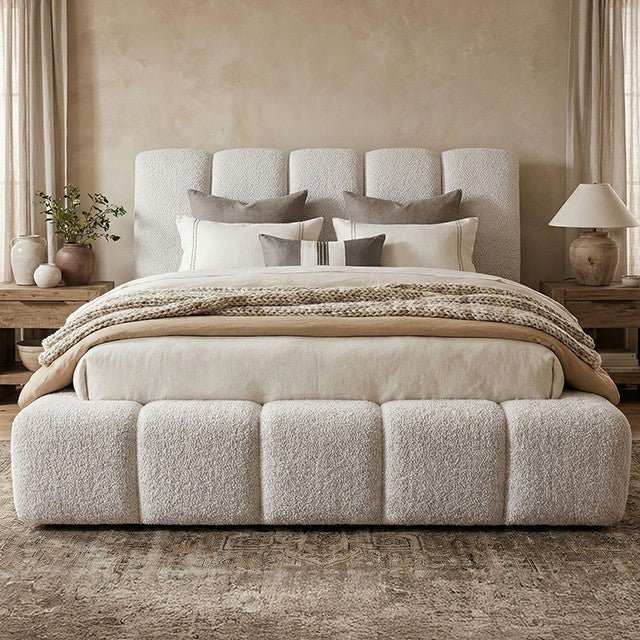 Grevan Modern Upholstered Platform Bed with Wingback Headboard - Beige Platform Bed modern furniture Contempo Furniture