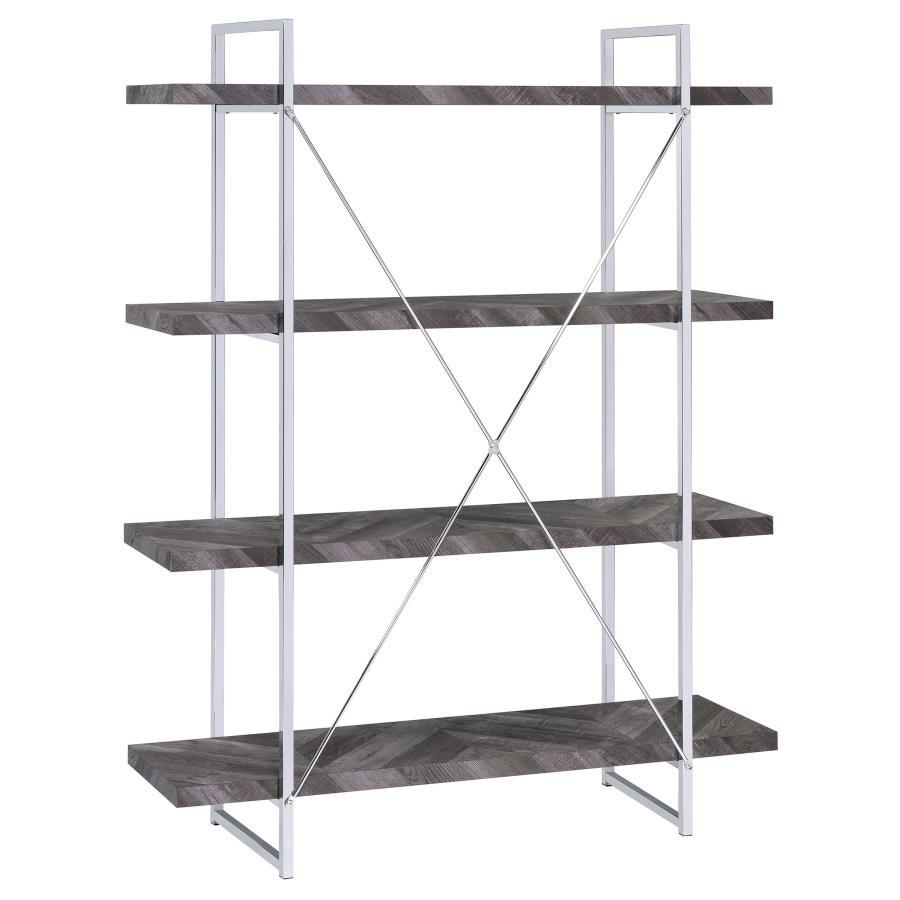 Grimma - 4 - Shelf Bookshelf - Rustic Gray And Chrome Standard Bookcase modern furniture Contempo Furniture