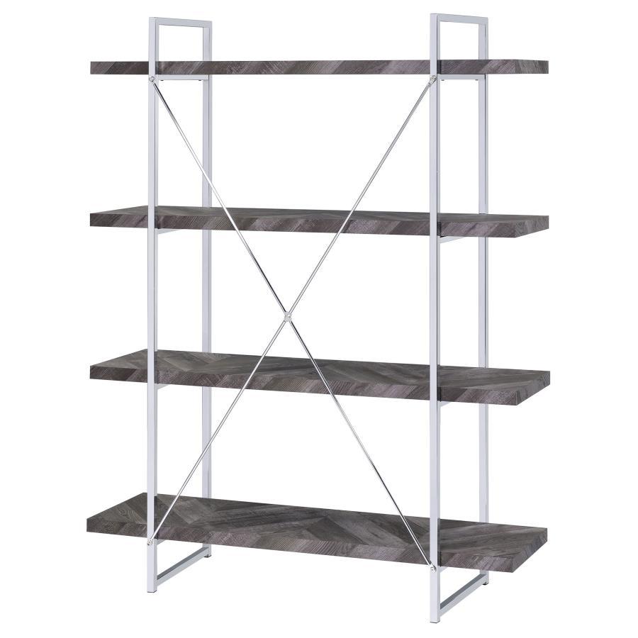 Grimma - 4 - Shelf Bookshelf - Rustic Gray And Chrome Standard Bookcase modern furniture Contempo Furniture