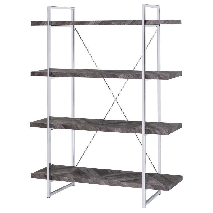 Grimma - 4 - Shelf Bookshelf - Rustic Gray And Chrome Standard Bookcase modern furniture Contempo Furniture