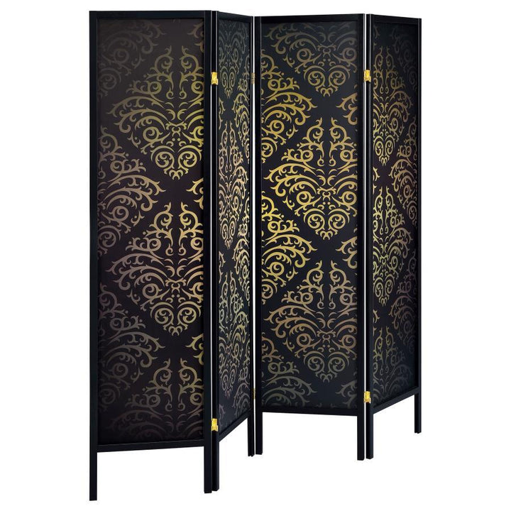 Haidera - 4 - Panel Room Divider Folding Screen - Black Damask Room Divider modern furniture Contempo Furniture