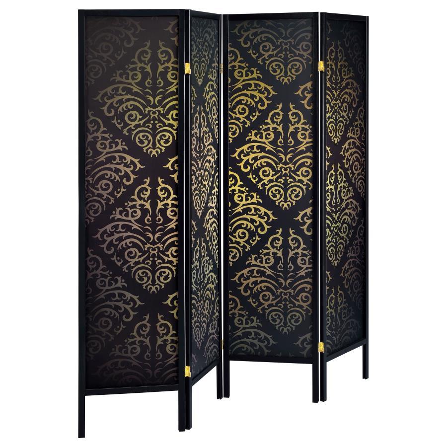 Haidera - 4 - Panel Room Divider Folding Screen - Black Damask Room Divider modern furniture Contempo Furniture