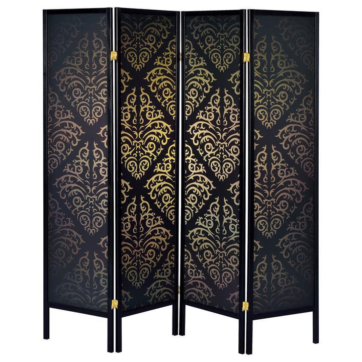 Haidera - 4 - Panel Room Divider Folding Screen - Black Damask Room Divider modern furniture Contempo Furniture