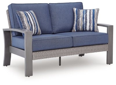 Half Moon Beach Outdoor Loveseat with Cushion - Blue | Ashley Furniture