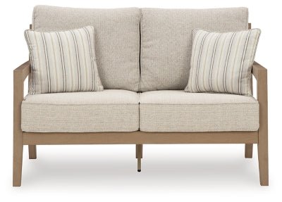 Hallow Creek Outdoor Loveseat with Cushion - Light Brown Loveseat modern furniture Contempo Furniture