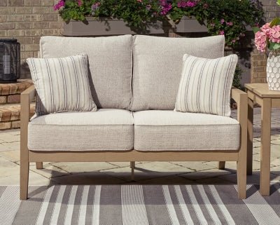 Hallow Creek Outdoor Loveseat with Cushion - Light Brown Loveseat modern furniture Contempo Furniture