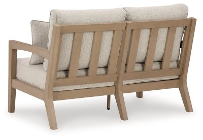 Hallow Creek Outdoor Loveseat with Cushion - Light Brown Loveseat modern furniture Contempo Furniture
