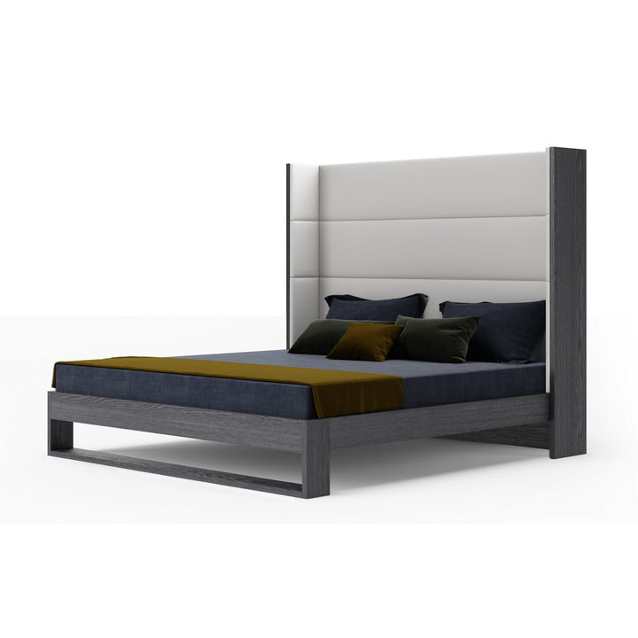 Heloise - Eastern King Contemporary White Leather  and  Grey Elm Trim Bed