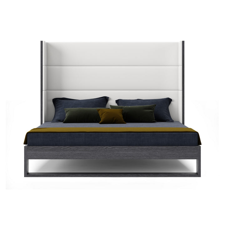 Heloise - Eastern King Contemporary White Leather &amp; Grey Elm Trim Bed