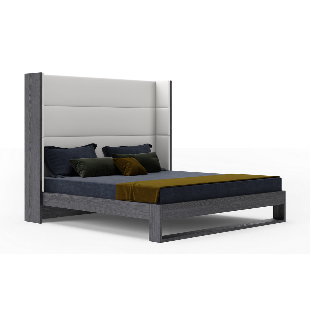 Heloise  Eastern King Contemporary White Leather & Grey Elm Trim Bed