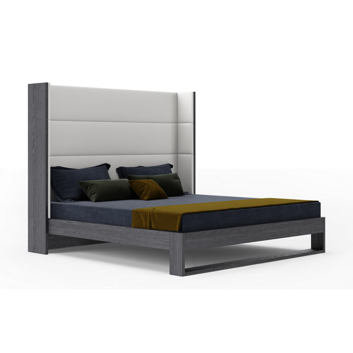 Heloise  Eastern King Contemporary White Leather & Grey Elm Trim Bed