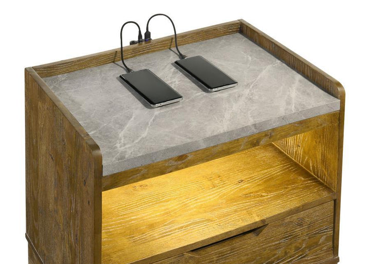 Henderson - 1 - Drawer LED Nightstand Bedside Table - Medium Oak Nightstand w/ Charging Station modern furniture Contempo Furniture