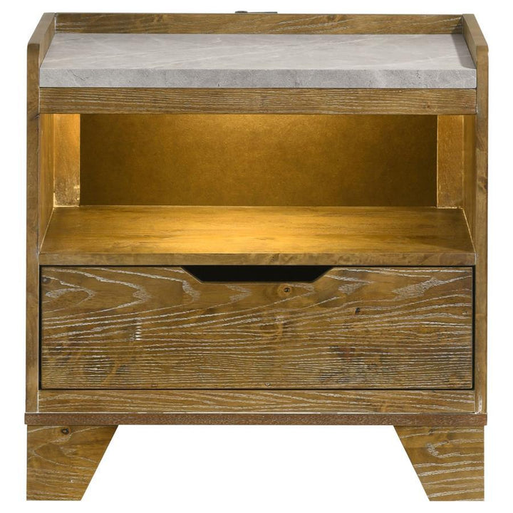 Henderson - 1 - Drawer LED Nightstand Bedside Table - Medium Oak Nightstand w/ Charging Station modern furniture Contempo Furniture