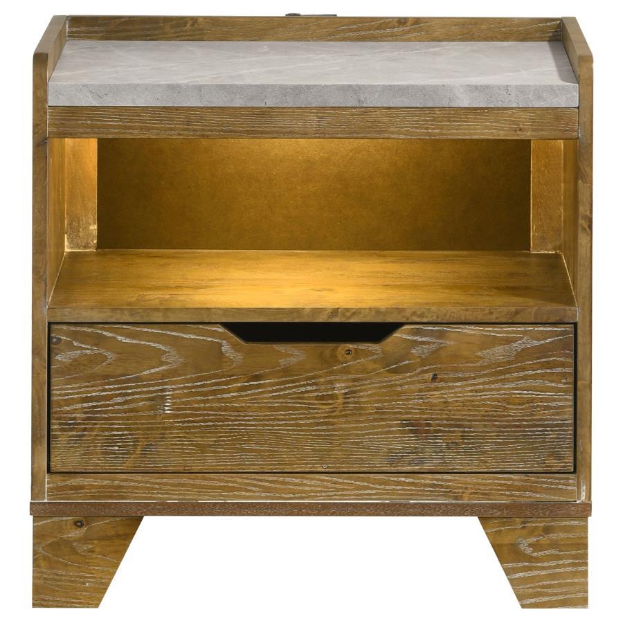 Henderson - 1 - Drawer LED Nightstand Bedside Table - Medium Oak Nightstand w/ Charging Station modern furniture Contempo Furniture