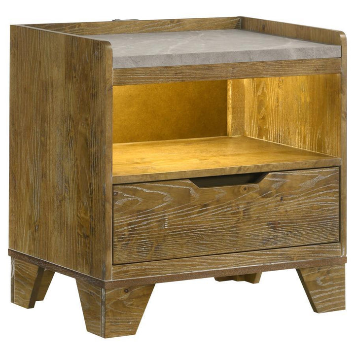 Henderson - 1 - Drawer LED Nightstand Bedside Table - Medium Oak Nightstand w/ Charging Station modern furniture Contempo Furniture