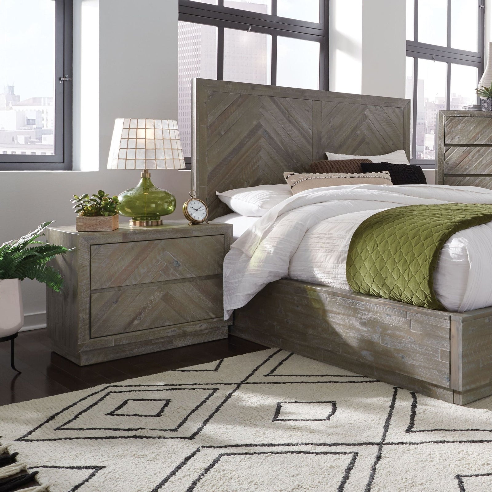 Herringbone Solid Wood Two Drawer Nightstand in Rustic Latte Nightstand modern furniture Contempo Furniture