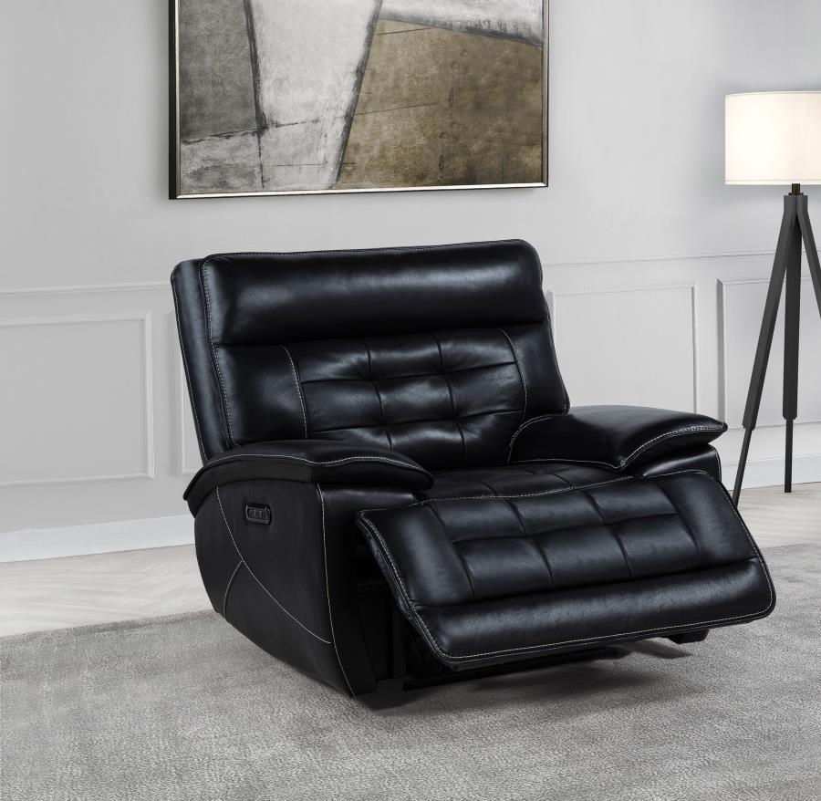 Hewitt - Leather Upholstered Dual Power Recliner Chair - Black Reclining Chair modern furniture Contempo Furniture