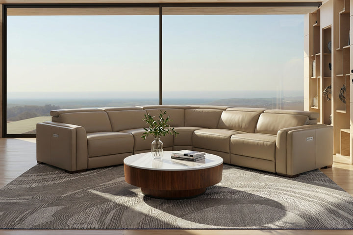 Frazier - Modern Tan Leather Sectional Sofa with 3 Recliners