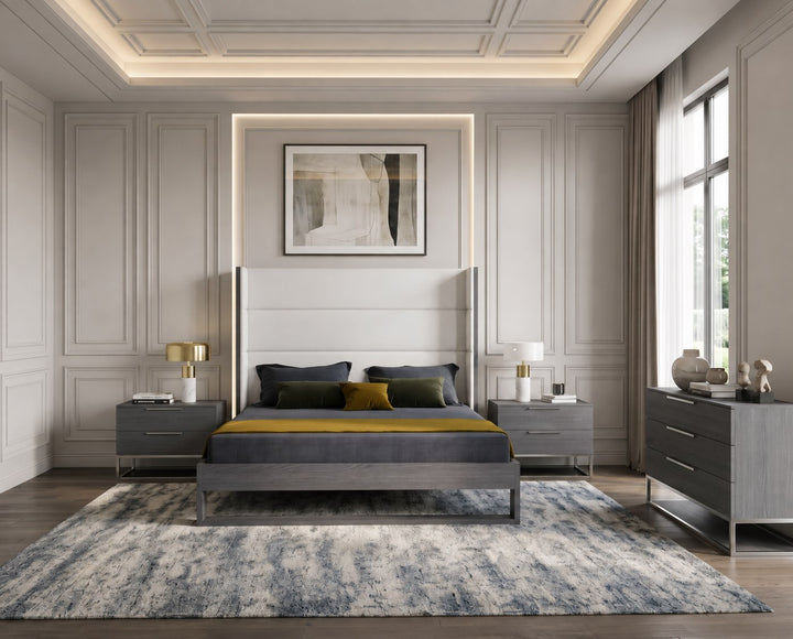 Heloise - Contemporary White Leather &amp; Grey Elm 4-Piece Bedroom Set