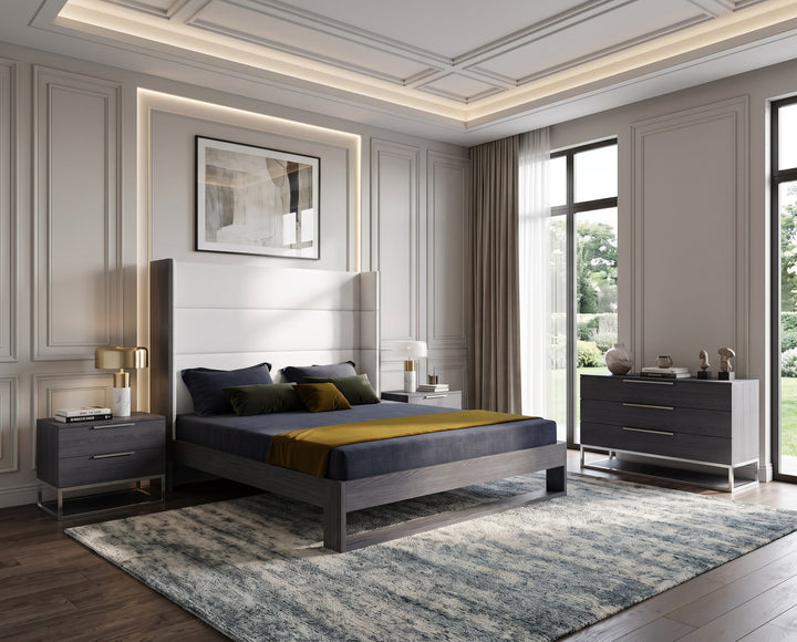 Heloise - Contemporary White Leather &amp; Grey Elm 4-Piece Bedroom Set