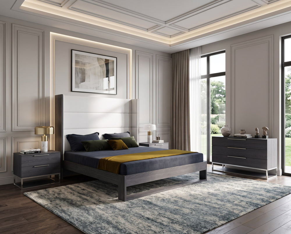Heloise - Contemporary White Leather & Grey Elm 4-Piece Bedroom Set