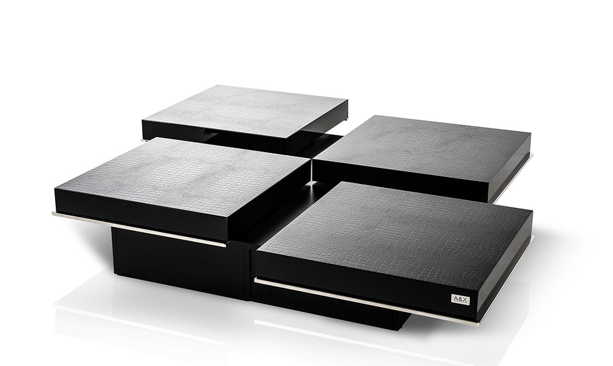 Horizon - Modern Black Crocodile Coffee Table with Pull Out Squares