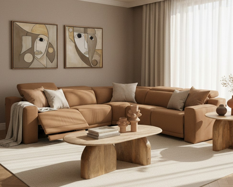 Horton - Modern Brown Fabric Sectional w/ 3 Recliners
