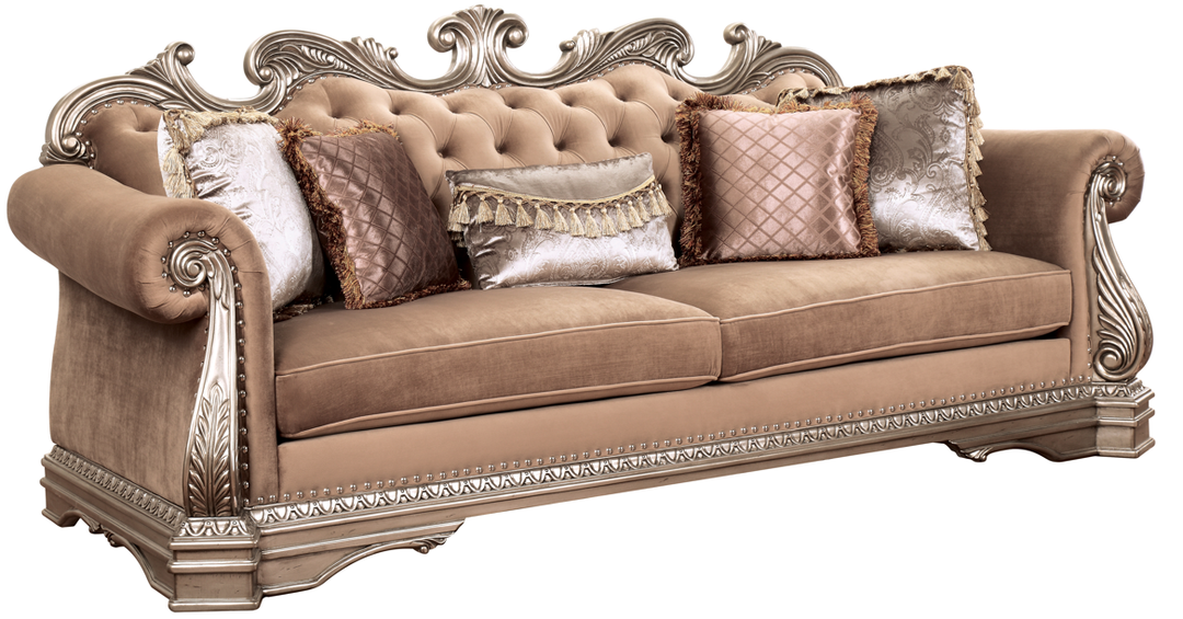 Northville Sofa with 5 Pillows in Velvet & Antique Silver