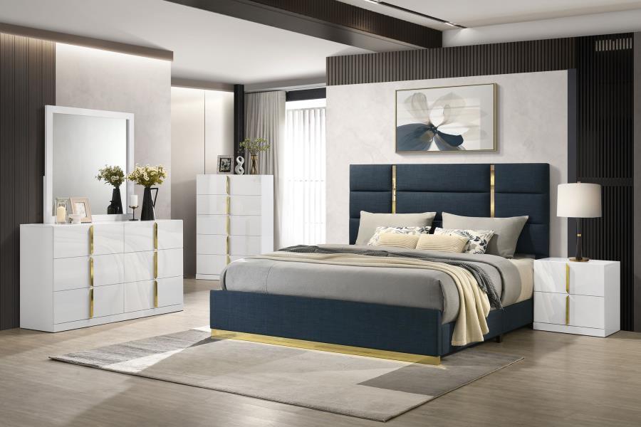 Ines - 5 Piece Queen Bedroom Set - Navy And White High Gloss 5 - Piece Bedroom Set modern furniture Contempo Furniture