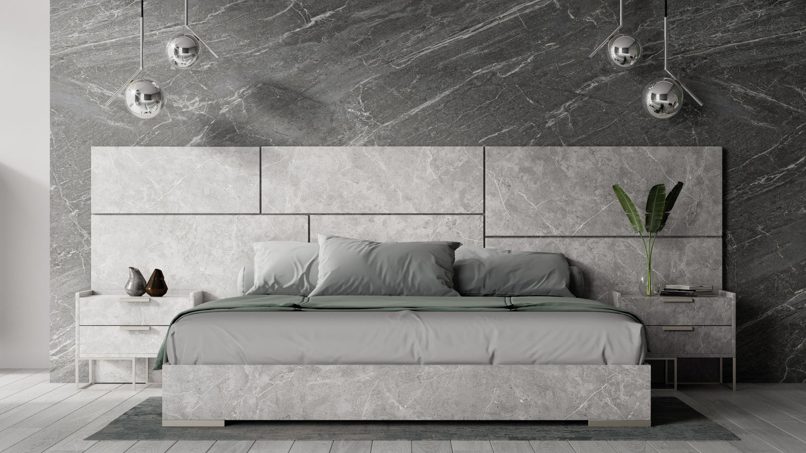 Eastern King Marbella - Italian Modern Grey Marble Bed with 2 Nightstands