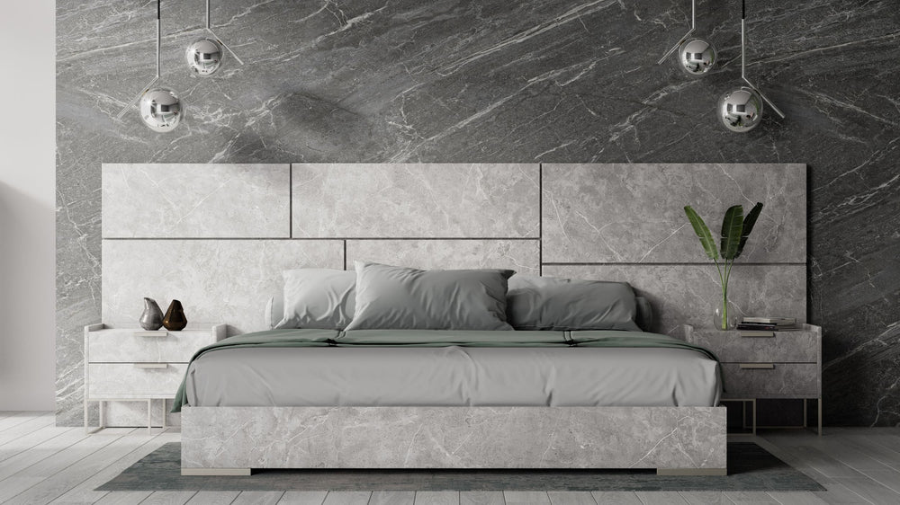 Marbella - Italian Modern Grey Marble Bed w/ 2 Nightstands