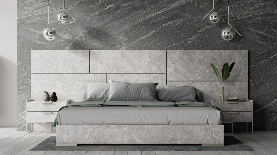 Marbella - Italian Modern Grey Marble Bed w/ 2 Nightstands