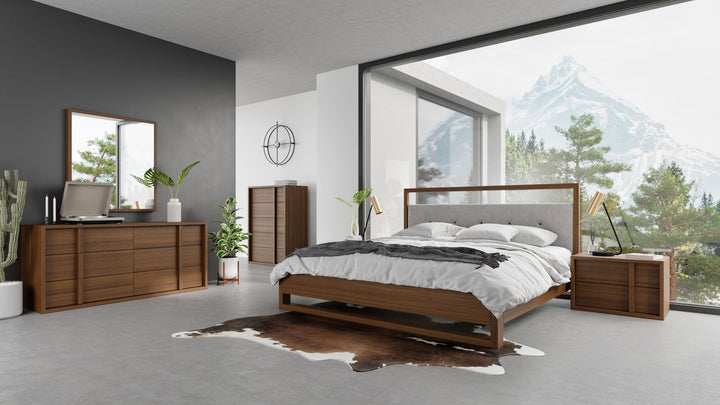 Falcor  Modern Grey Fabric & Walnut Veneer Bed